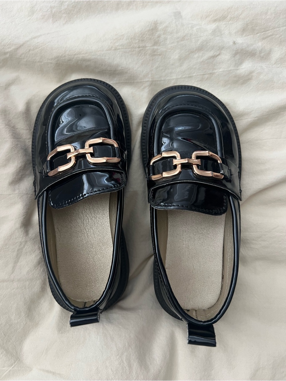 Black Patent Loafers with Gold Chain Accent